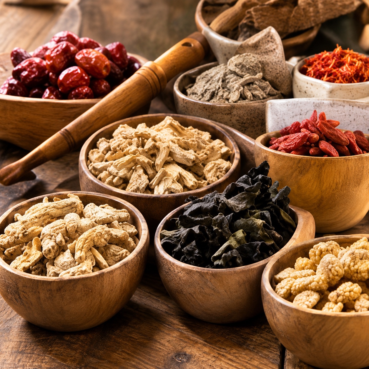 Bowls of herbs and botanicals
