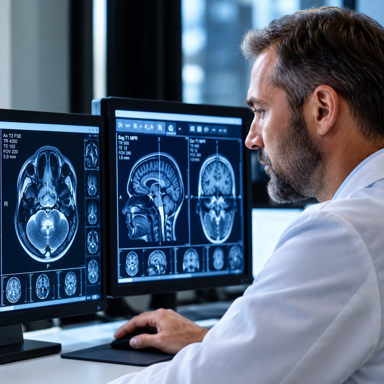 A clinician reviewing diagnostic imaging