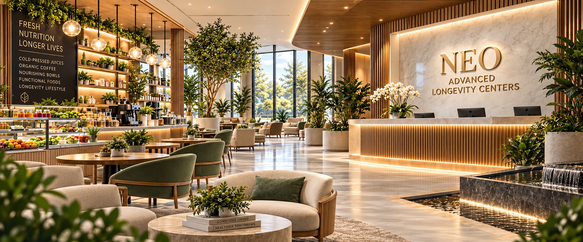 The NEO Advanced Longevity Centers lobby, with a nutrition bar, lounge seating and a reception desk under the NEO sign