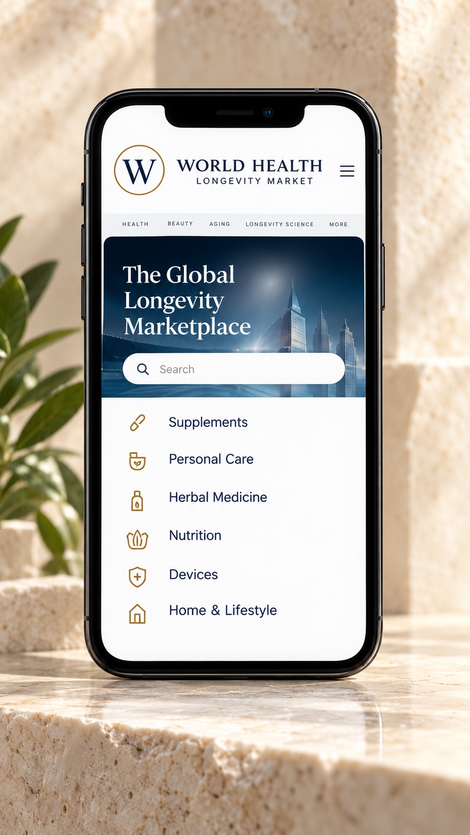 The World Health Longevity Market app on a phone