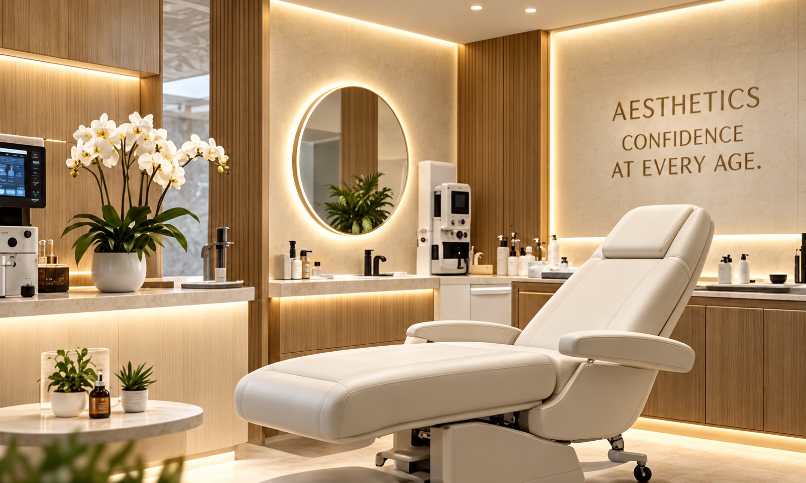 The NEO aesthetics room with a treatment chair and illuminated mirror