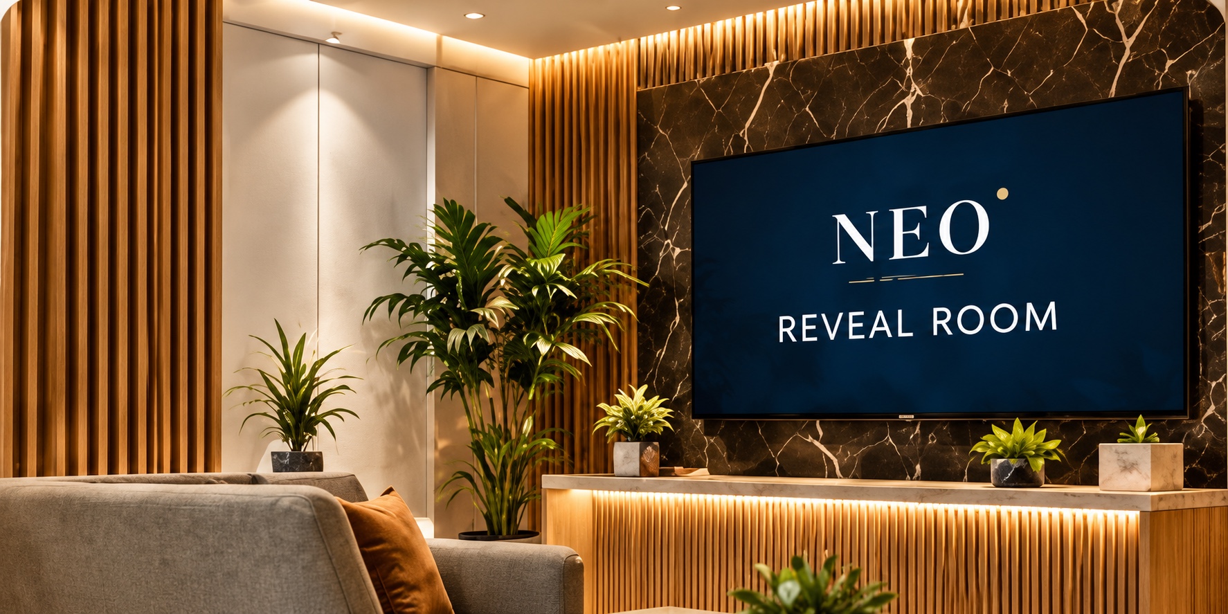 A NEO Reveal Room with a branded display and lounge seating
